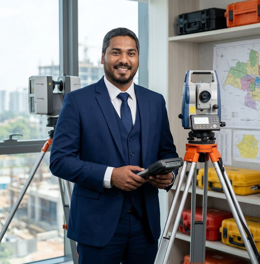 Saif Murtuza, Land Surveyor, with a total station and surveying instruments